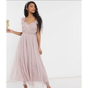 Anaya With Love Bridesmaid tulle frill sleeve midi dress in Sage, NWOT, Sz. 6 P